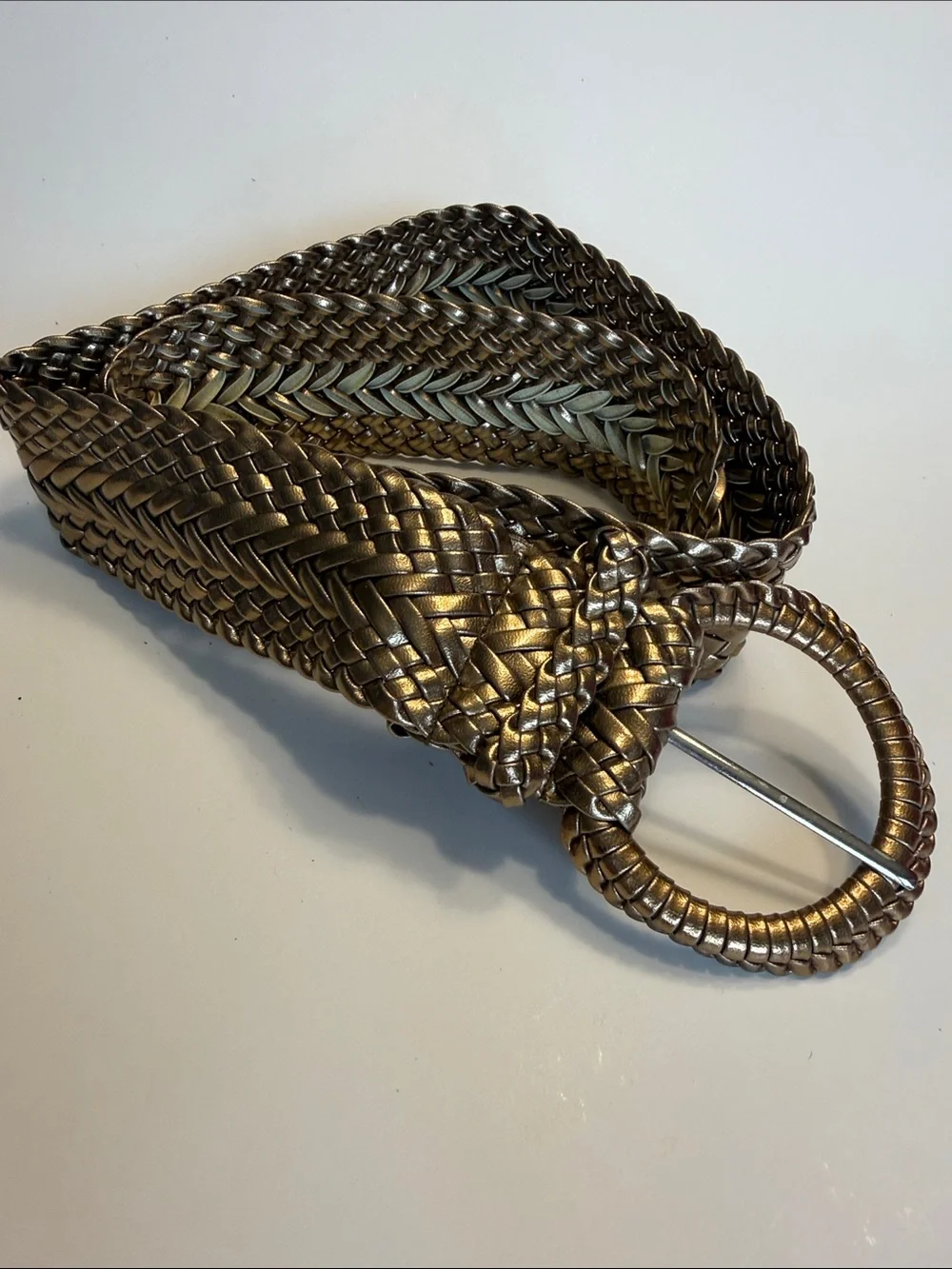 Woven Metallic Bronze Belt with Round Buckle